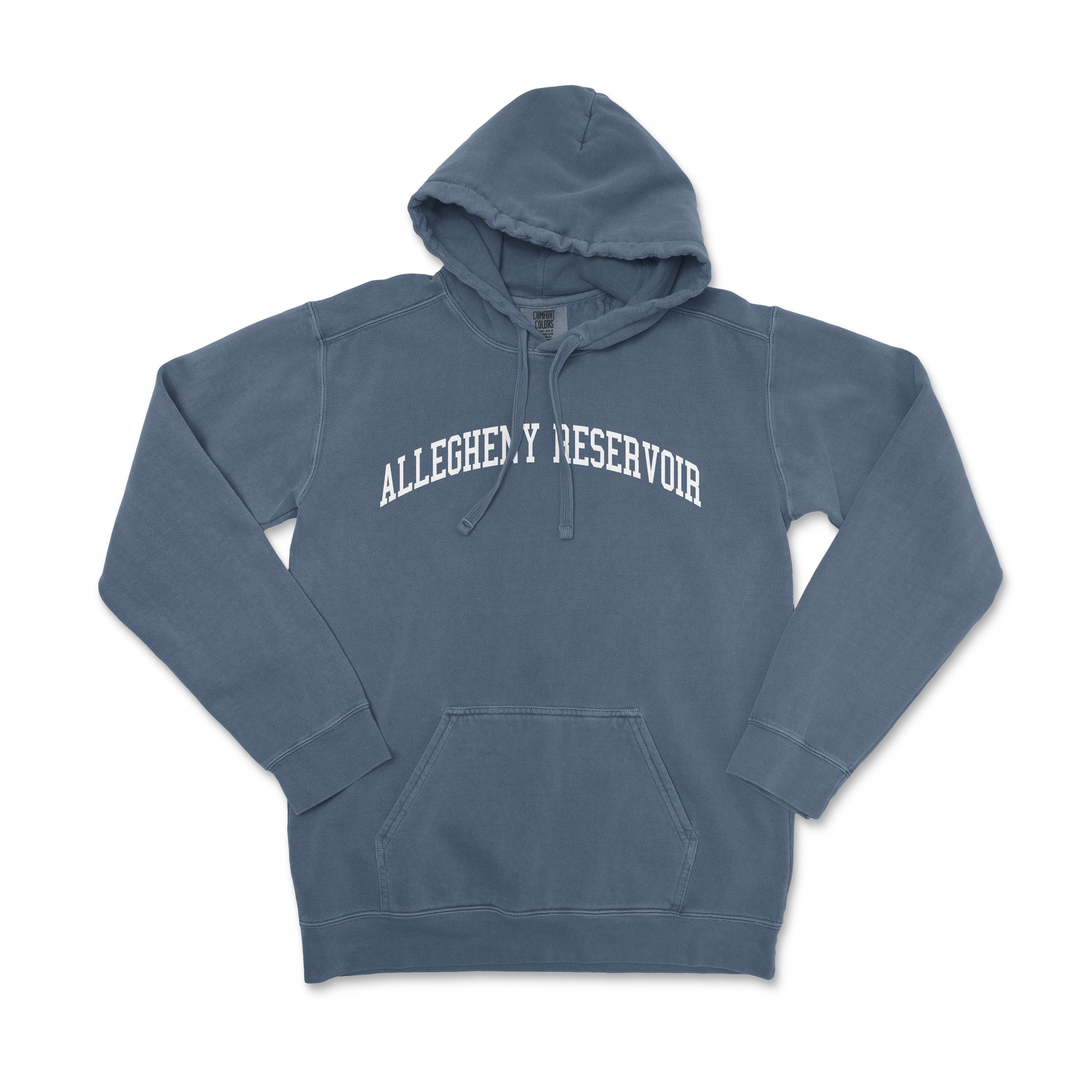 a blue hooded sweatshirt with a college logo on the chest