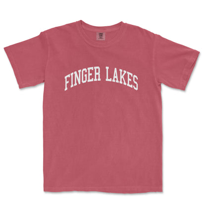 a red t - shirt with the word finger lakes printed on it
