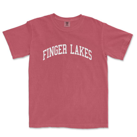 a red t - shirt with the word finger lakes printed on it