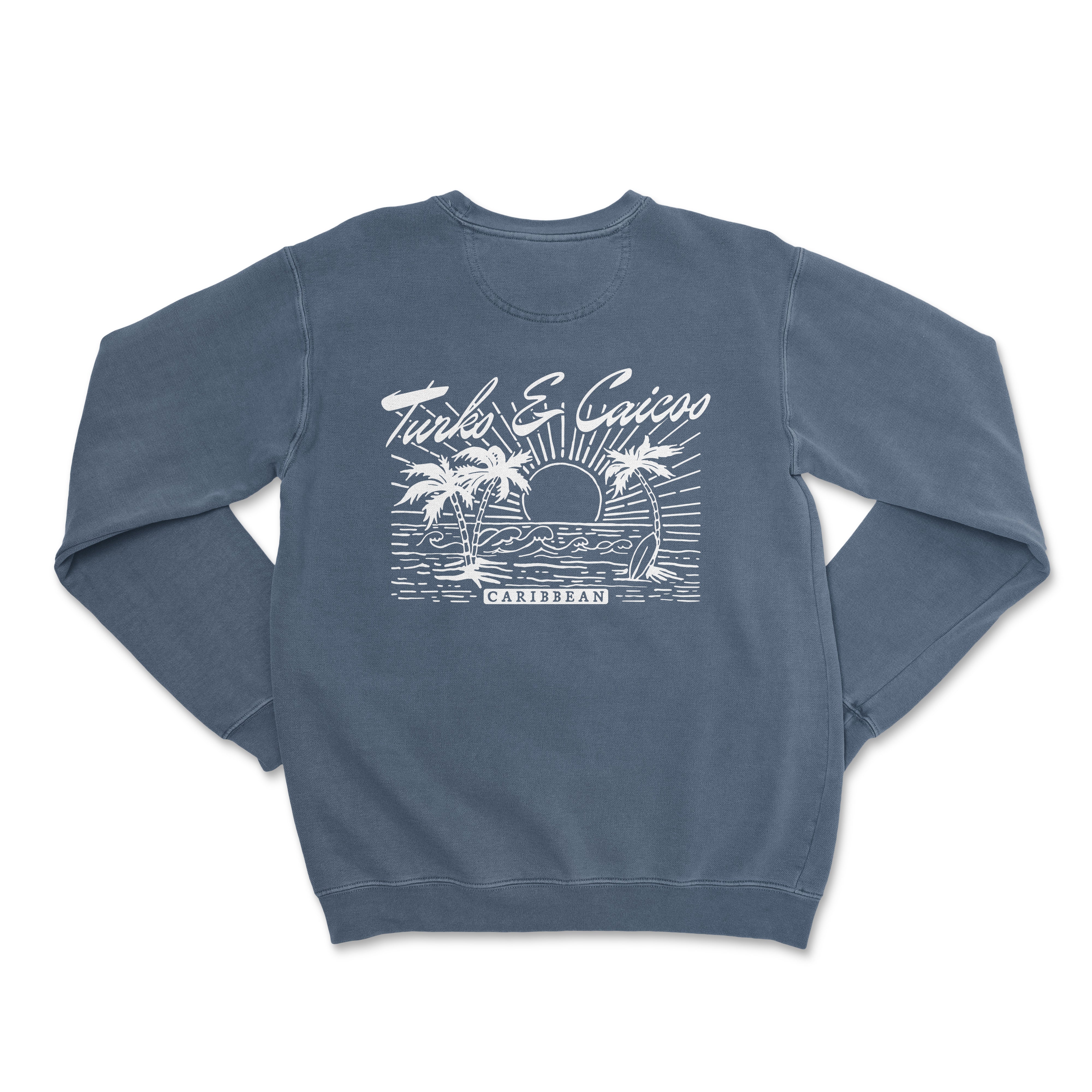 a blue sweatshirt with a palm tree and sun on it