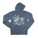 the back of a blue sweatshirt with a palm tree on it