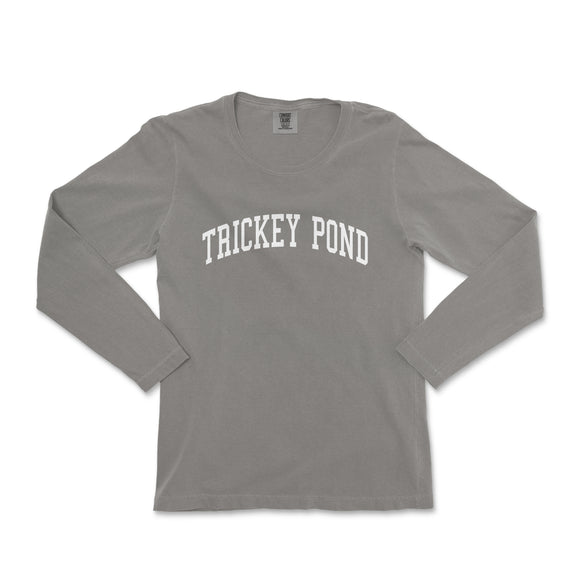 a grey shirt that says tricky pond on it