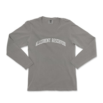 a grey long sleeve shirt with the word, alleghan reservoir on it
