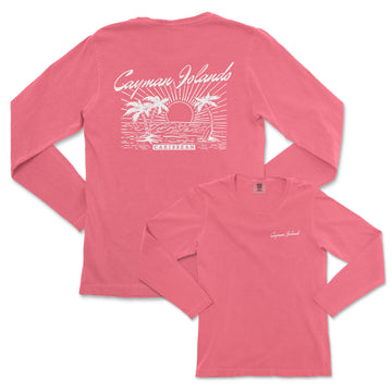 a women's pink long sleeve shirt with a picture of a sunset and palm
