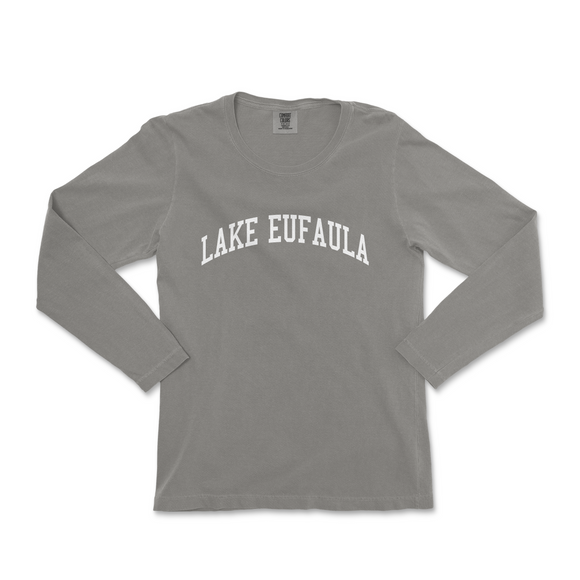 a gray long sleeve shirt with the words lake equalla on it