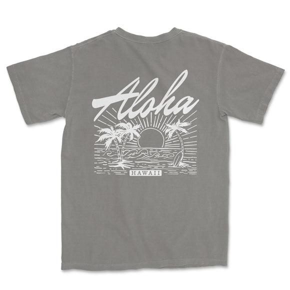a gray shirt with the words aloha on it