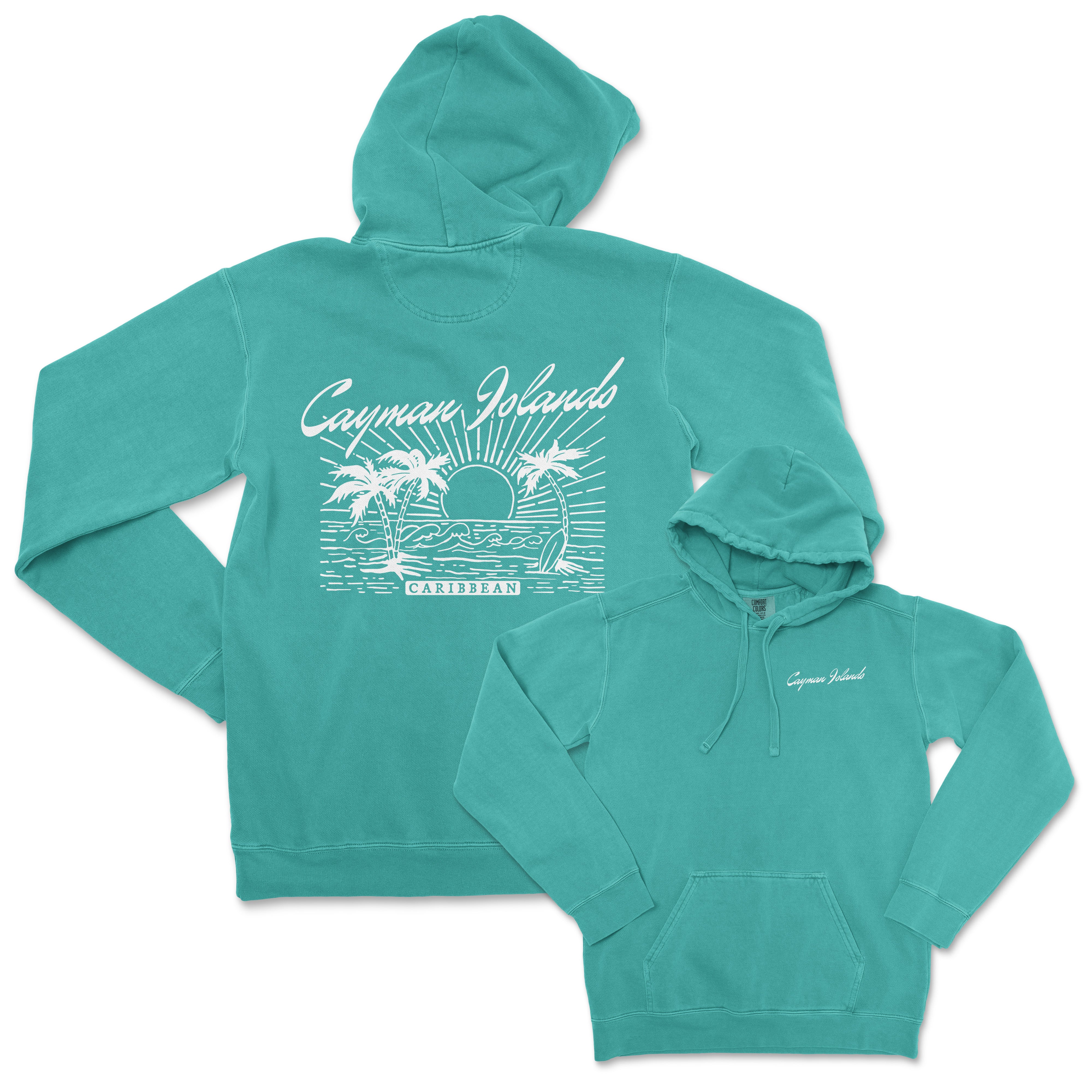 a green sweatshirt with a picture of a beach and palm trees