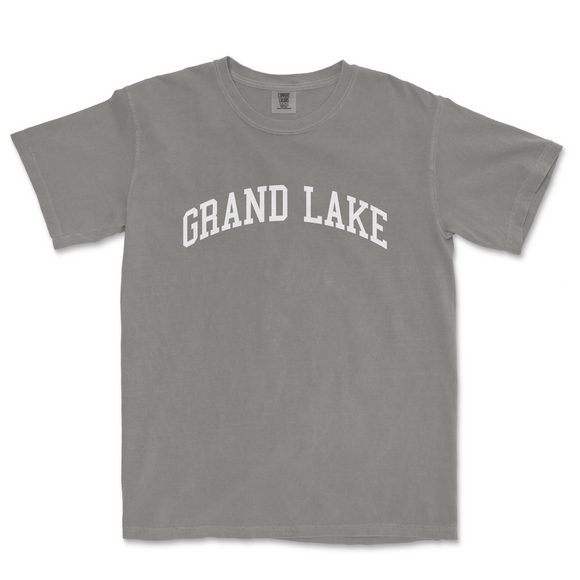 a gray t - shirt with the words grand lake on it