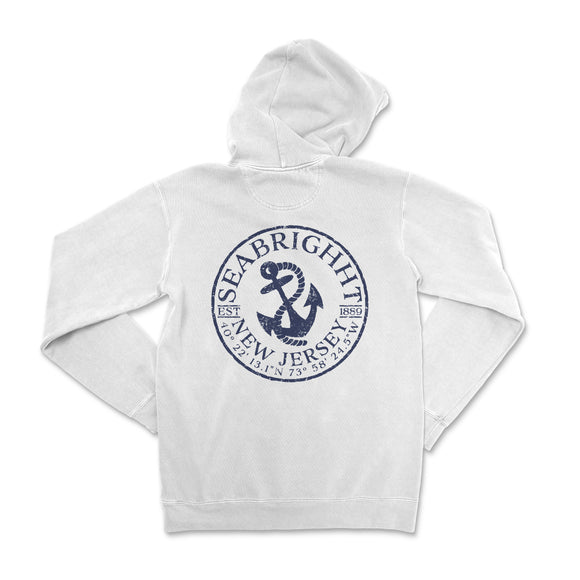 a white hooded sweatshirt with an anchor on it