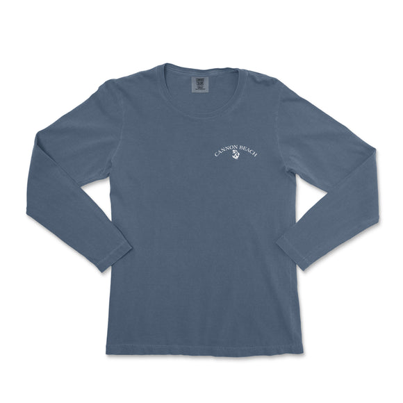 a women's long - sleeved shirt with a white logo on the chest