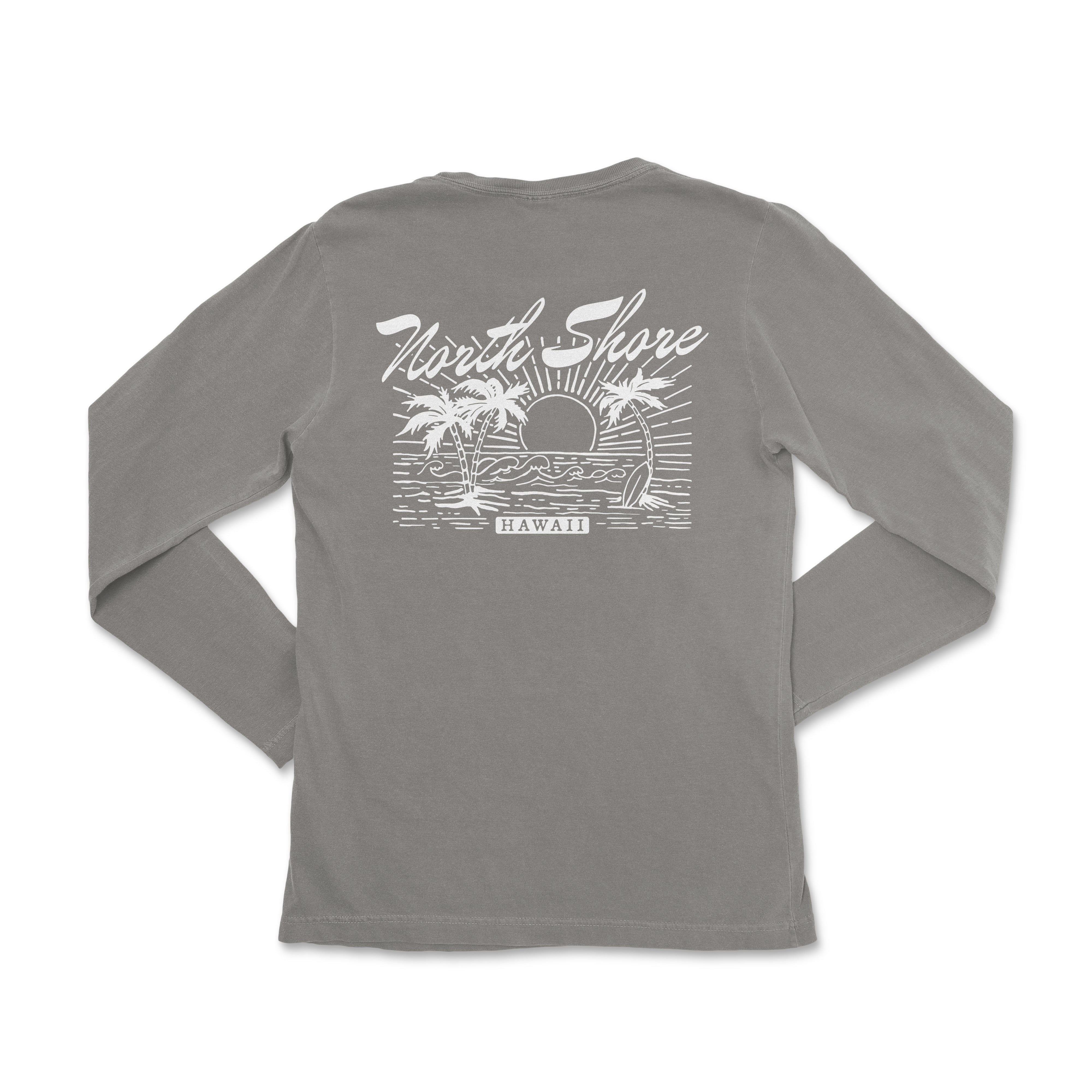 the back of a gray long - sleeved shirt with a sunset and palm trees