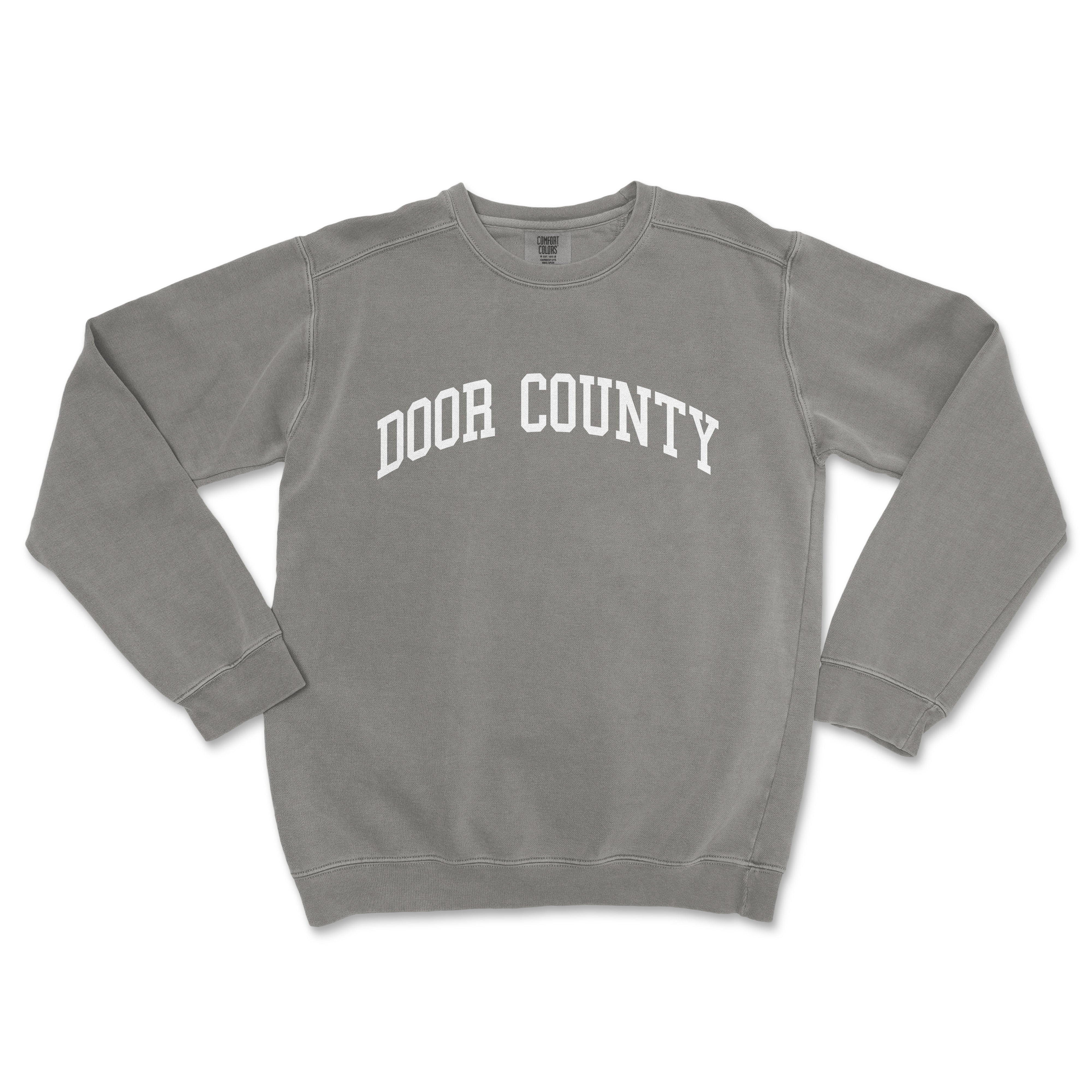 a grey sweatshirt with the word door county printed on it