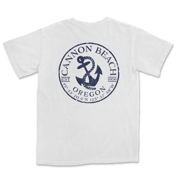a white t - shirt with an anchor and the words cannon beach on it