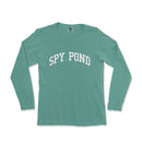 a green shirt with the word spy pond printed on it