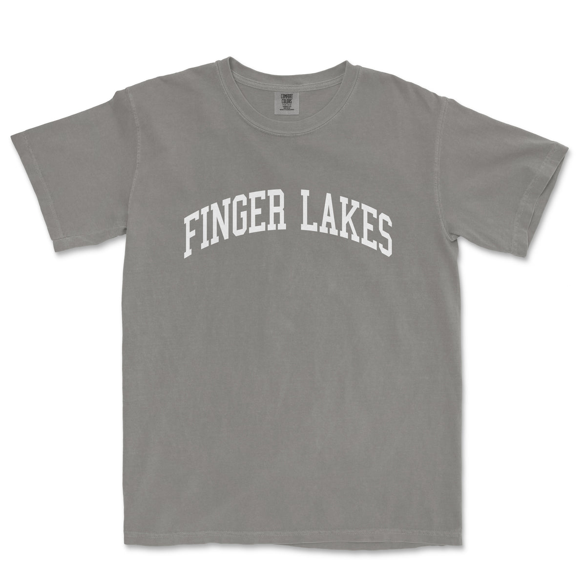 a grey t - shirt with the word finger lakes printed on it