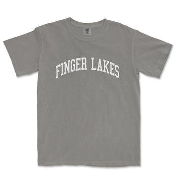 a grey t - shirt with the word finger lakes printed on it