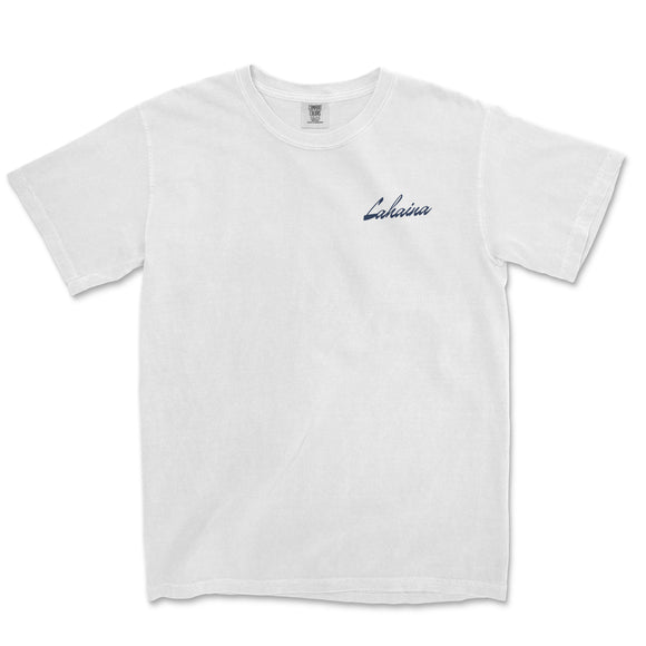 a white t - shirt with a blue embroidered logo
