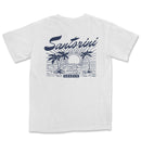 a white t - shirt with a sunset and palm trees