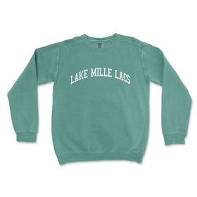 a green sweatshirt with the words lake mile lacs printed on it