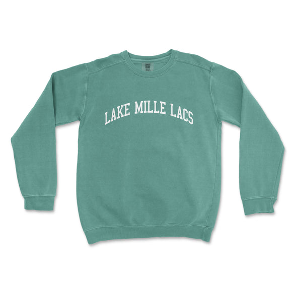 a green sweatshirt with the words lake mile lacs printed on it