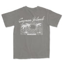 a gray t - shirt with a picture of a sunset and palm trees