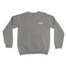 a grey sweatshirt with a white logo on it