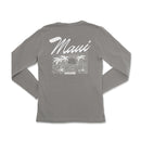 the back of a gray long sleeve shirt with the words, mauuu