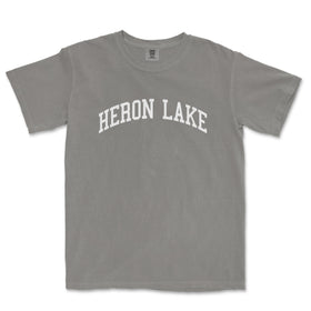 a grey shirt with the word heron lake on it