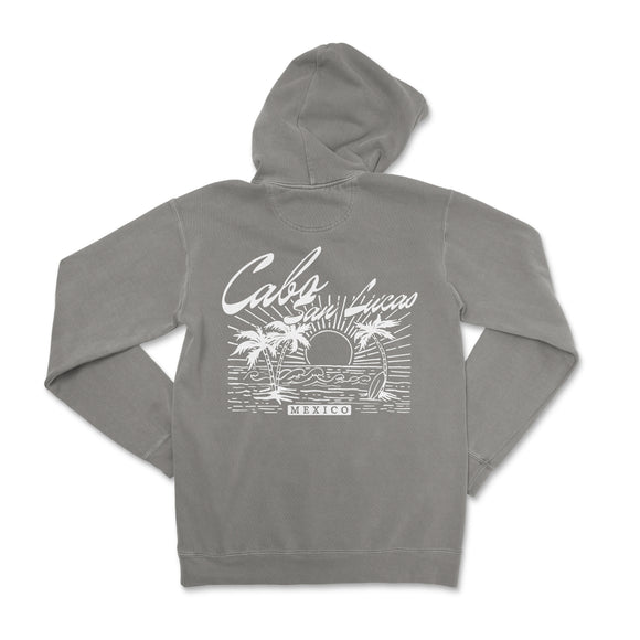 a grey sweatshirt with a palm tree and the words california on it