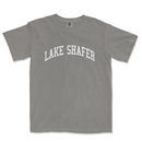 a gray lake shafer t - shirt with the word lake shafer in white