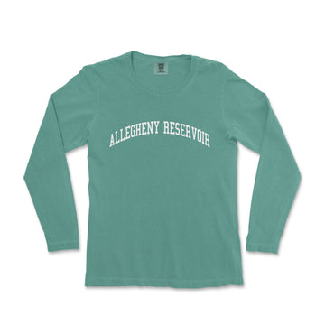 a mint green long sleeve shirt with the word, allhenny reservoir