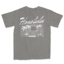 a gray t - shirt with the words hawaiian on it