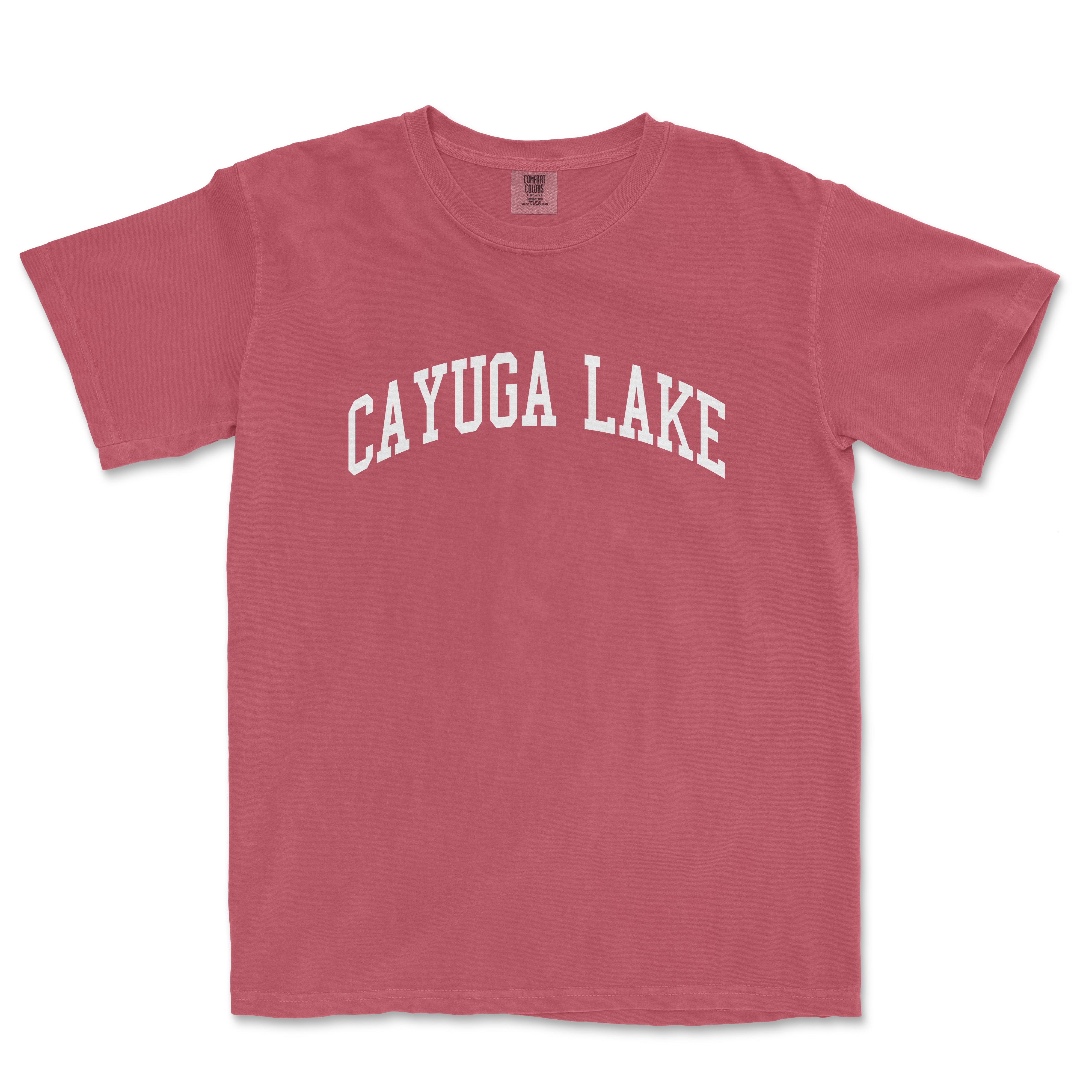 a red t - shirt with the words cayoga lake on it