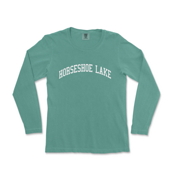 a green long sleeve shirt with the words horse shoe lake on it