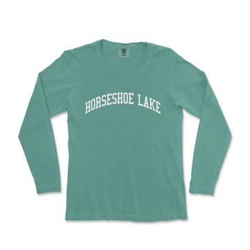 a green long sleeve shirt with the words horse shoe lake on it