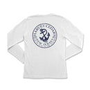 a white long - sleeved shirt with a blue anchor and the words harvey crab