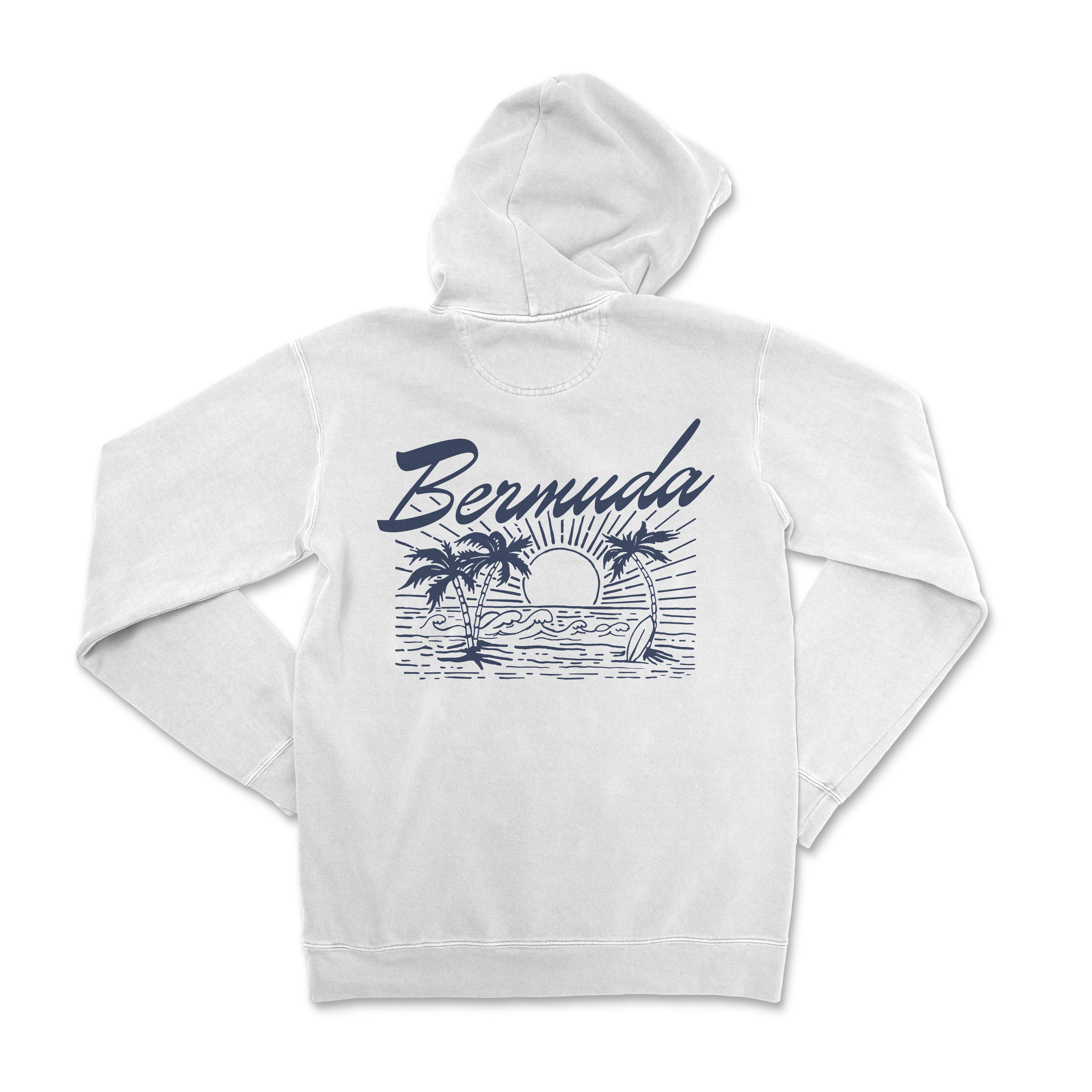 a white hoodie with a picture of a beach and palm trees
