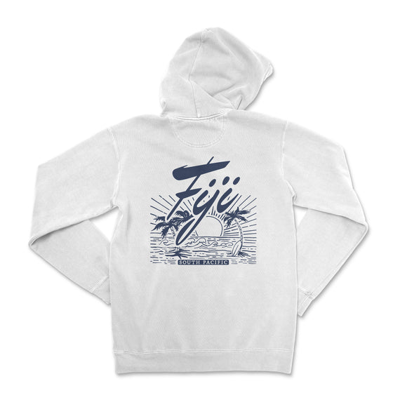 a white hoodie with a surfboard on it