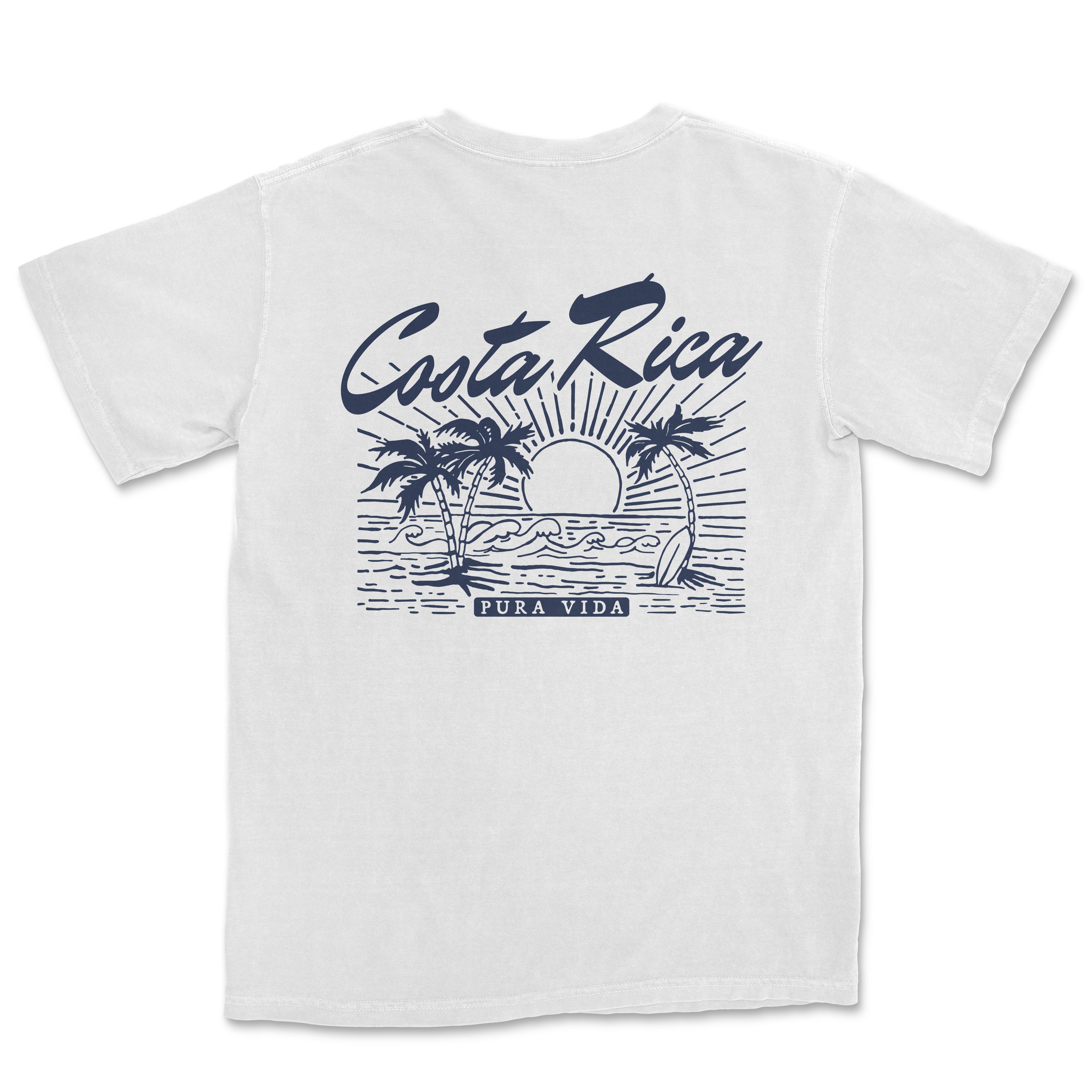a white t - shirt with a sunset and palm trees