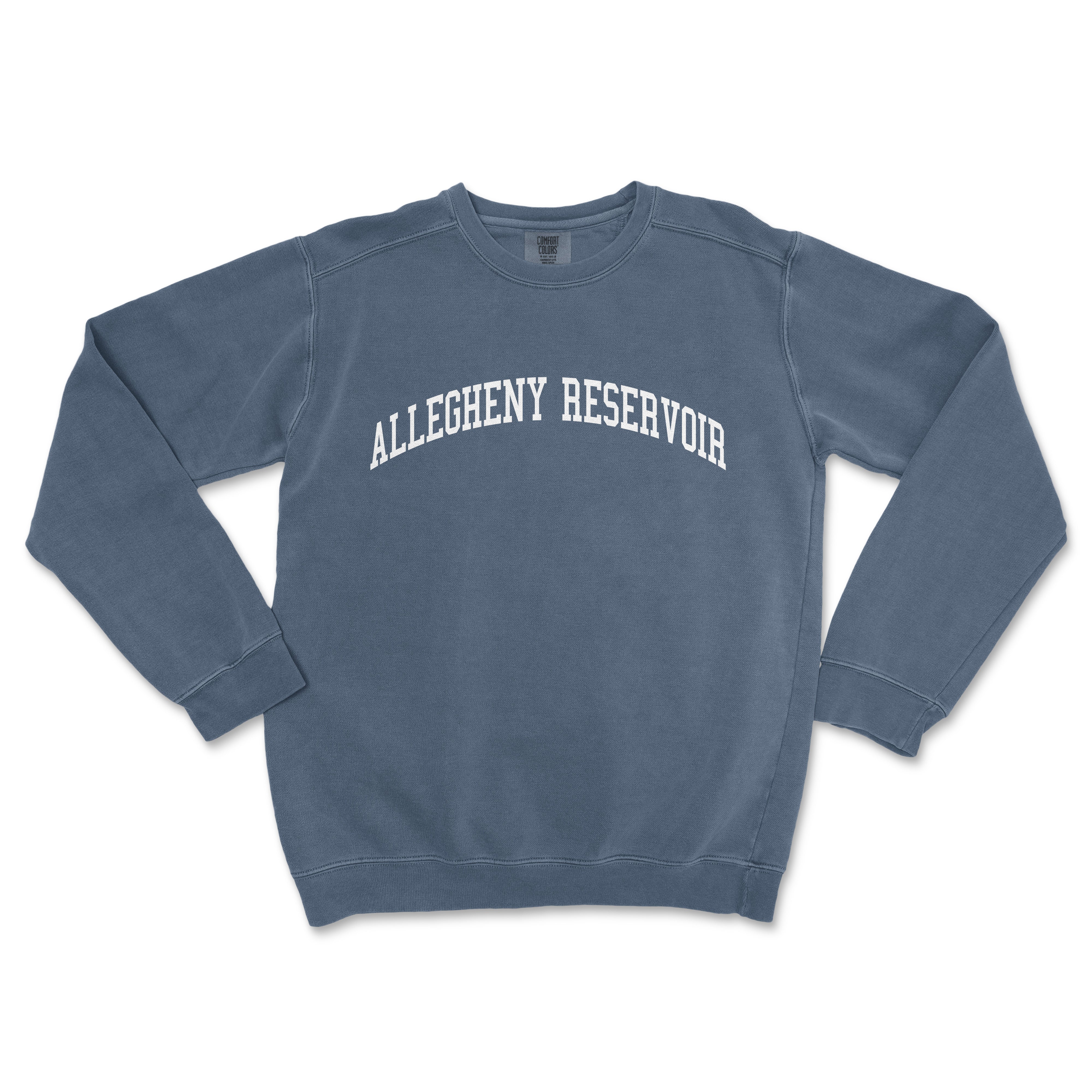a blue sweatshirt with the word allegheny reservoir on it