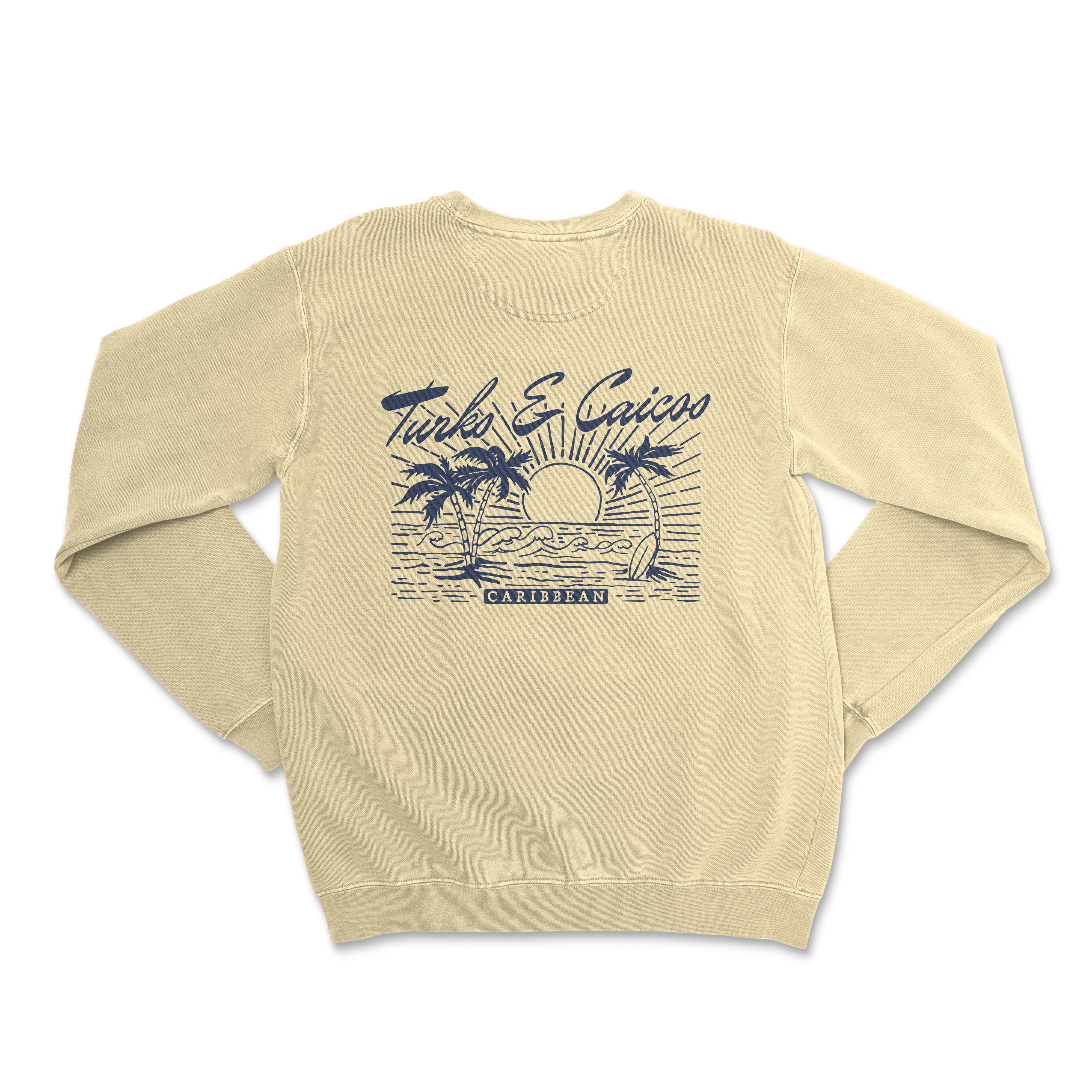 a white sweatshirt with a palm tree and a boat on it