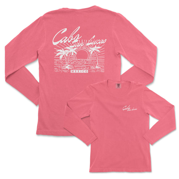 a pink long sleeve shirt with a picture of a car and palm trees
