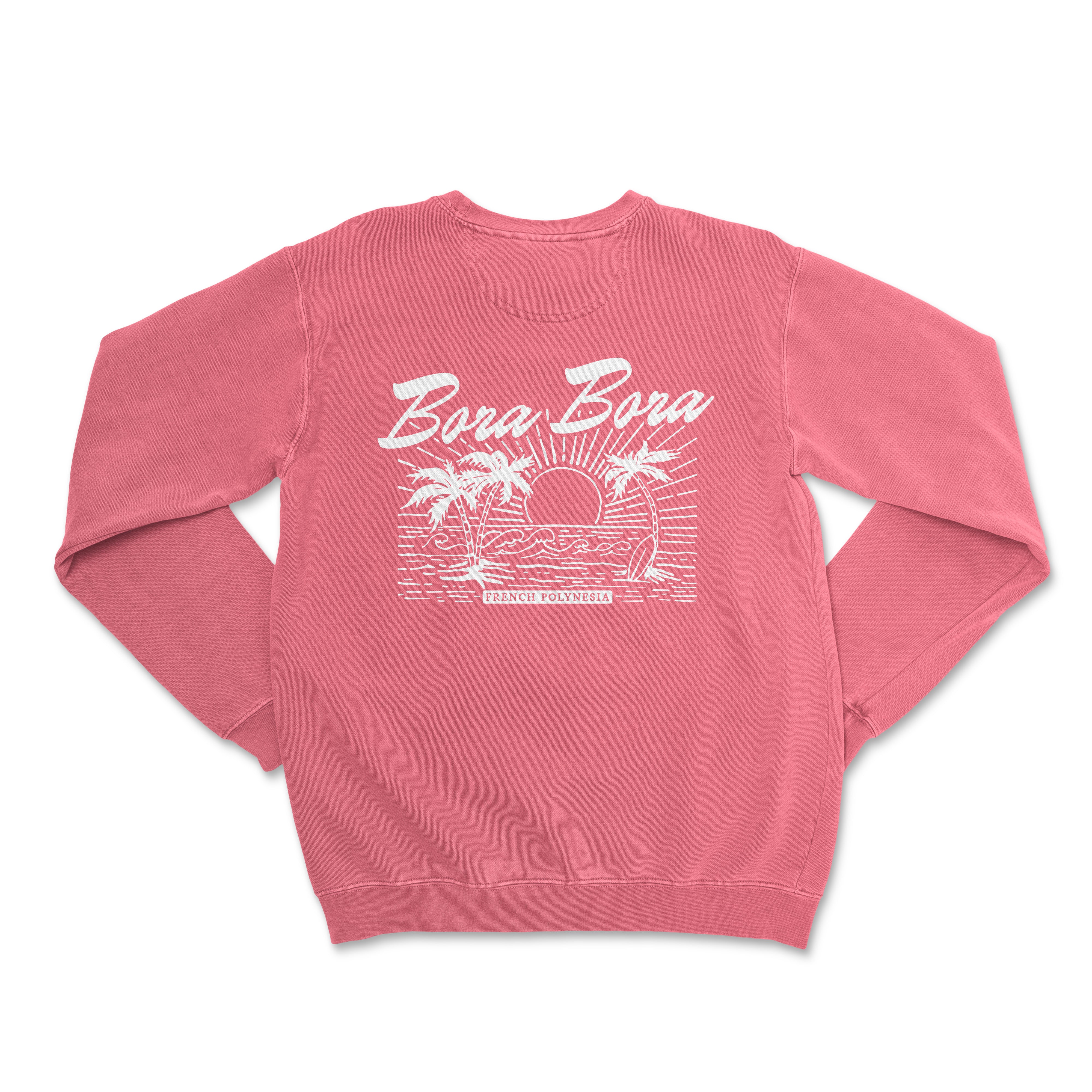 a pink sweatshirt with a palm tree and sun on it
