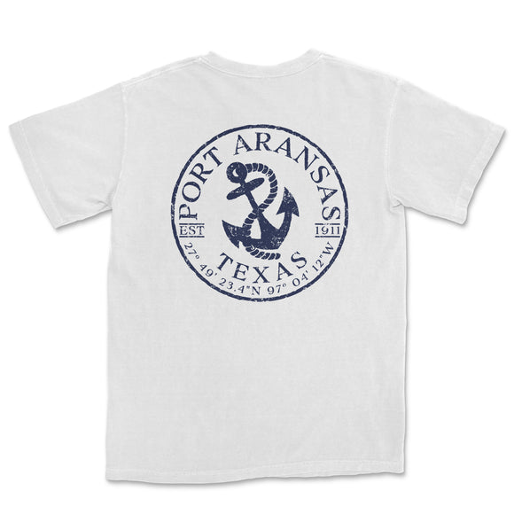 a white t - shirt with a blue anchor on it