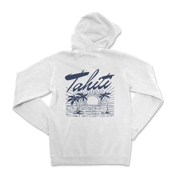 a white hoodie with the words tahiti on it
