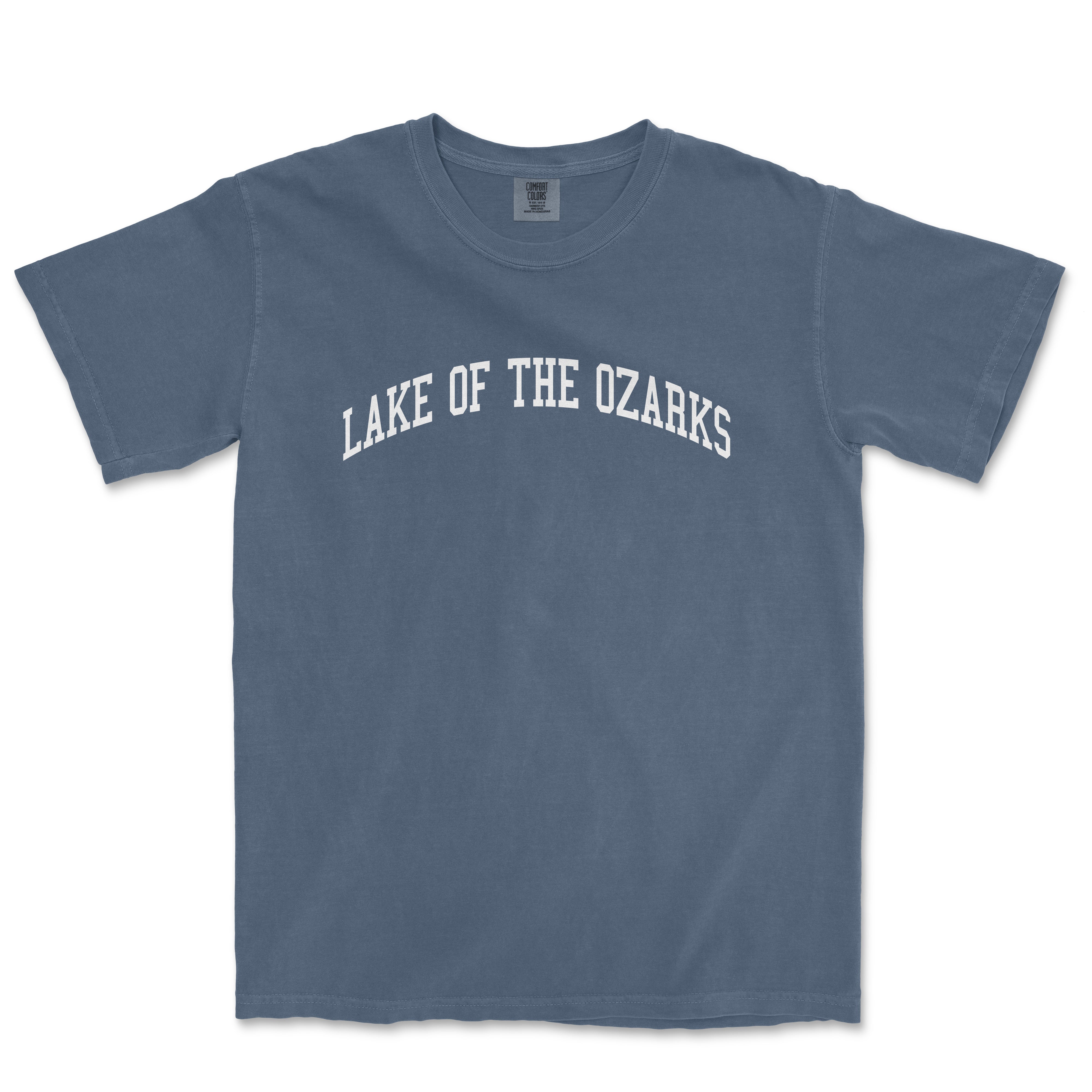 a blue lake of the ozarks t - shirt on a white background