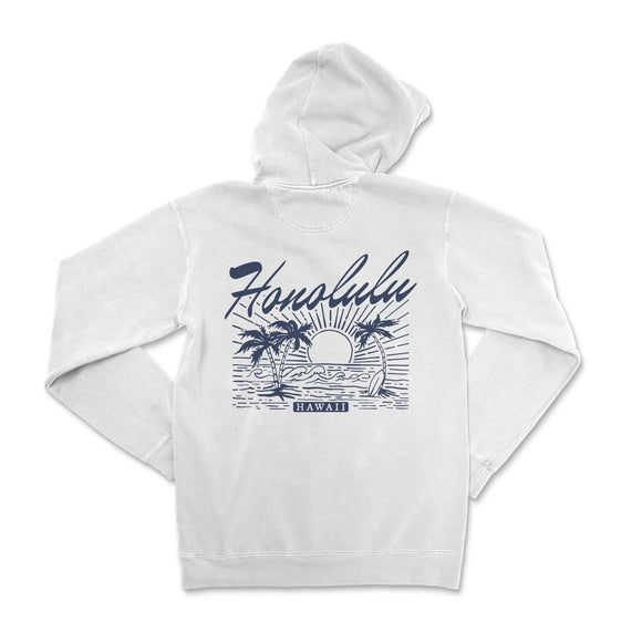 a white hoodie with the words honolulu on it