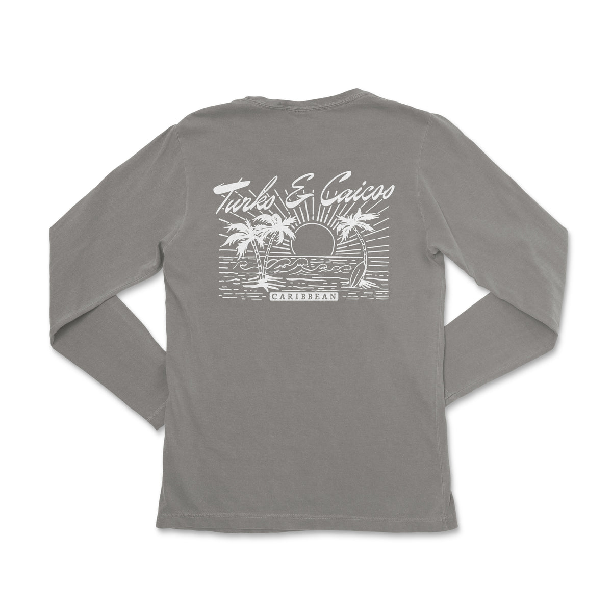 the back of a gray long - sleeved shirt with palm trees and the words
