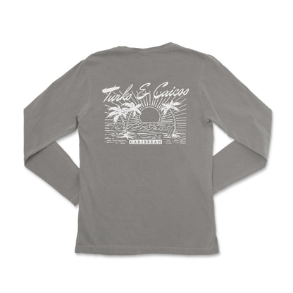 the back of a gray long - sleeved shirt with palm trees and the words