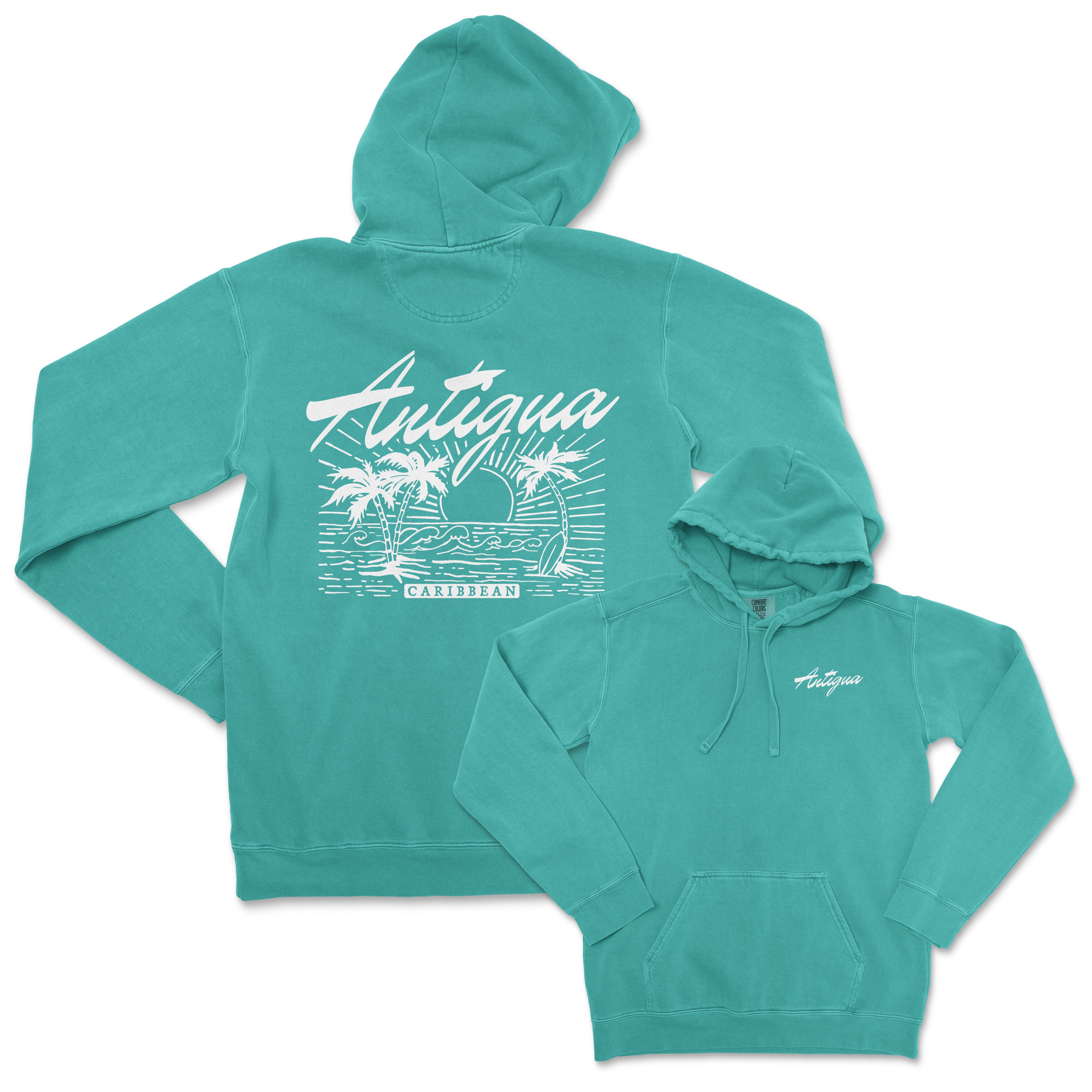 a turquoise sweatshirt with a white logo on it